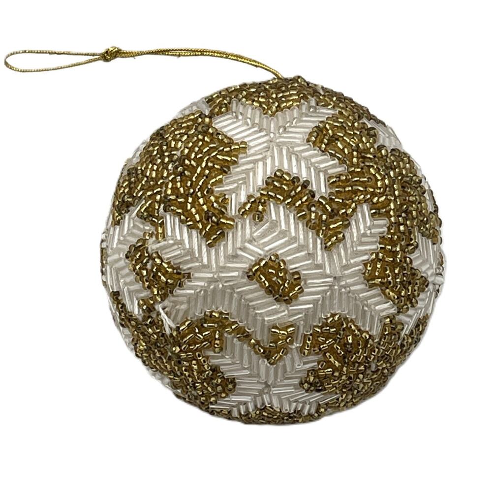 Beaded Christmas Ball Ornaments Handmade White Gold Beads Holiday Tree Decor